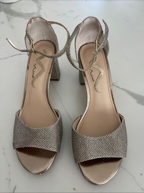 Nina Champagne Metallic Ankle-Strap Block Heels